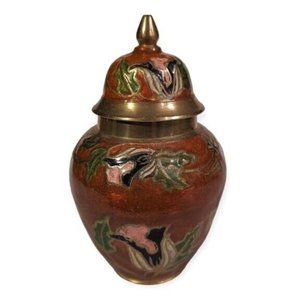 Cloisonne Ginger Jar Vase Mini Bronze Enamel Lotus Floral India Urn Lid Vtg 4"